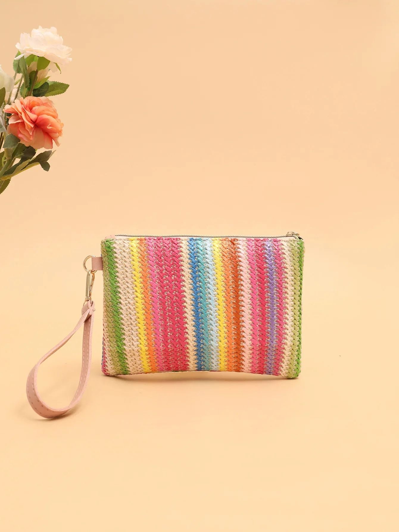 Rattan Knitting Women Straw Bags Fashion Colorful Summer Beach Clutch Bag Female Woven Wristlet Bag Wallet Money Coin Purse