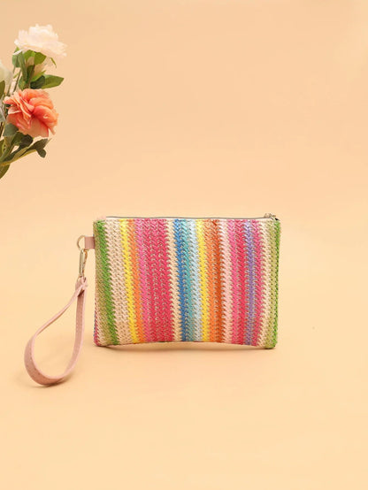 Rattan Knitting Women Straw Bags Fashion Colorful Summer Beach Clutch Bag Female Woven Wristlet Bag Wallet Money Coin Purse