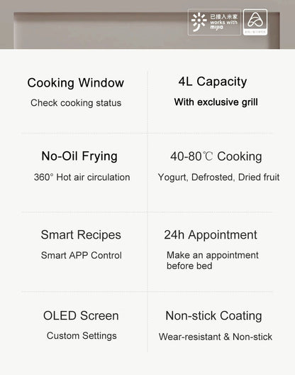 Fritadeira de Ar Inteligente XIAOMI MIJIA Pro 4L Forno Quente Visor Janela APP Temporizador Tela OLED Sem Óleo Fritadeira de Ar Quente 360°