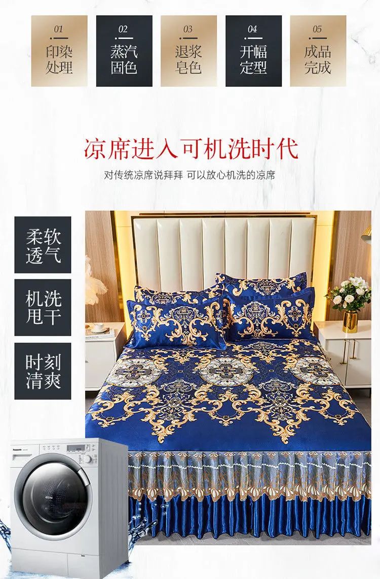 Kit 3 Peças de Lençol de Casal com Renda Clássica Azul Royal, Saia para Cama, Colcha de Casamento Lavável à Máquina, Capa de Colchão