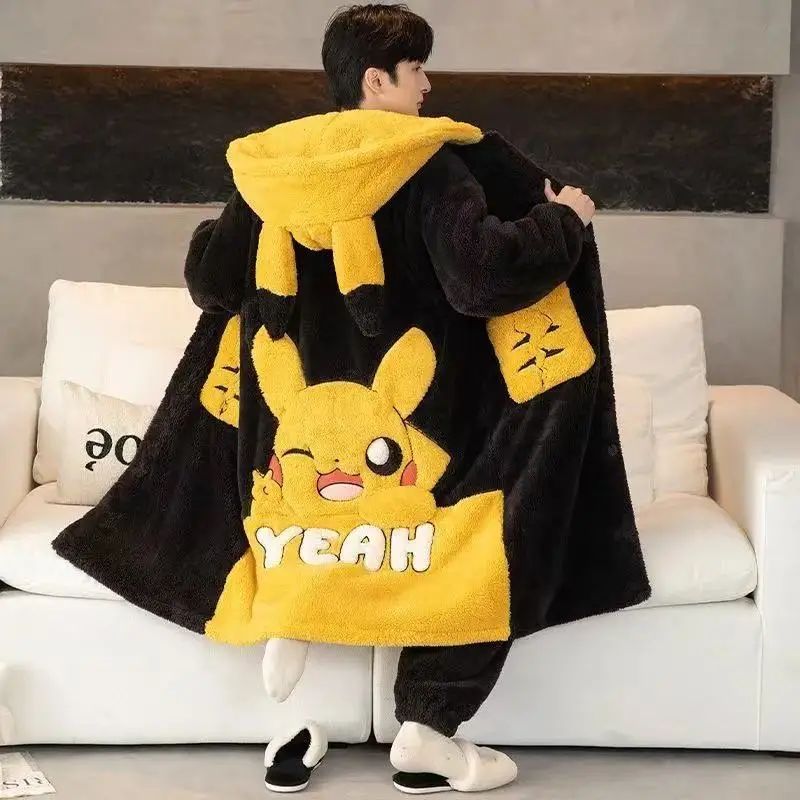 Gengar Pajamas Suit Anime Pokemon Winter Coral Fleece Nightgown Large Size of Thickened Warm Cartoon Men Hooded Home Suit Set