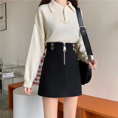 Women Clothing Spring Autumn Fashion Korean Zipper Solid Color High Waist A-line Skirt Female Fashionable Appear Thin Slim Skirt