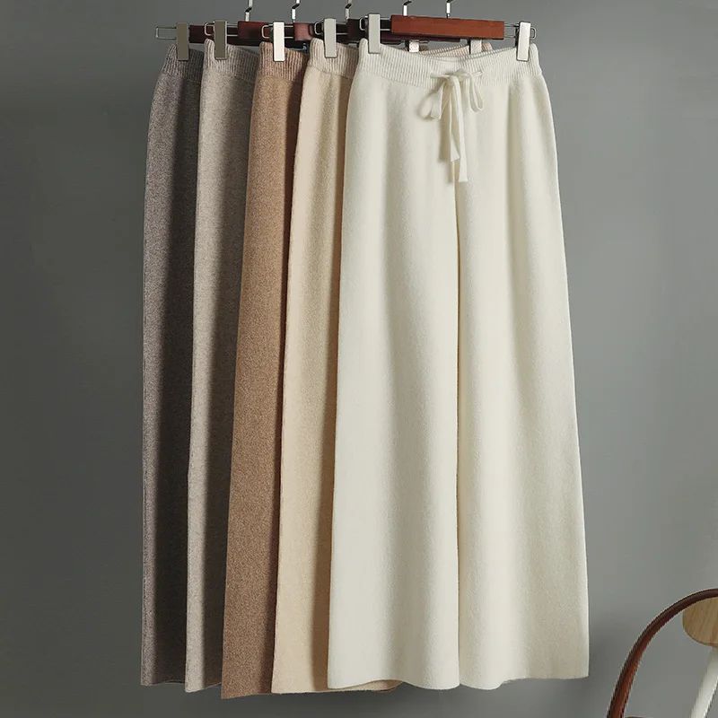 Spring Autumn Women High Waist Wool Wide Leg Pants Solid Soft Warm 100% Merino Wool Knitted Trousers Belt Casual Korean Fashion