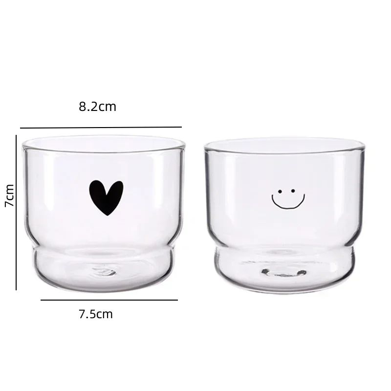 Copo de Vidro Borossilicato Transparente Criativo em Formato de Copos Empilhados para Sala de Estar, Copo Fofo Estampado com Coração, Copos para Beber