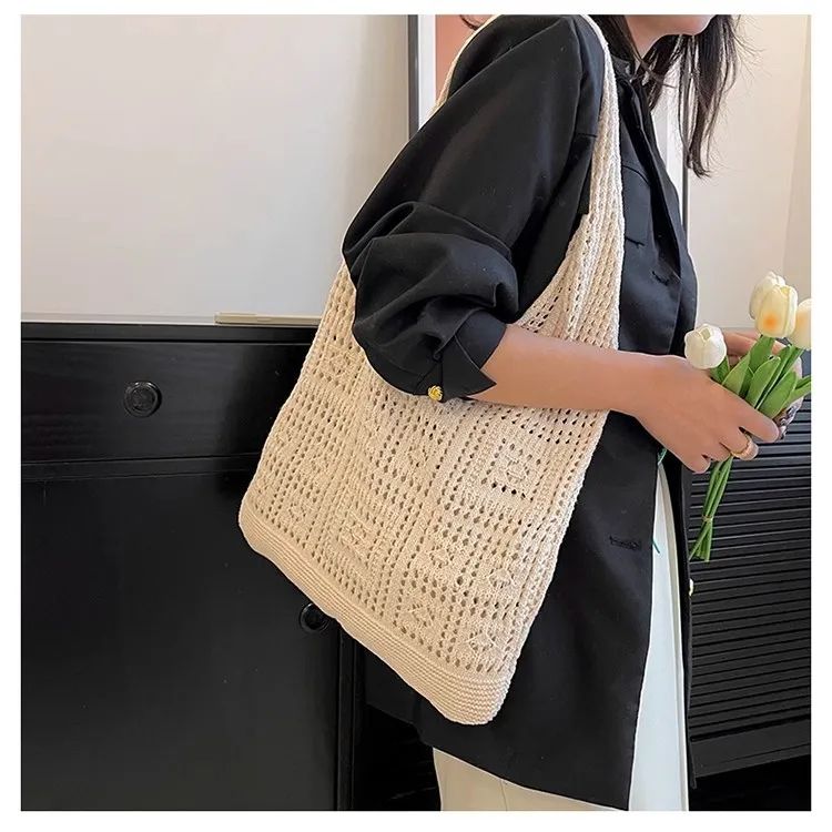 Bohemian Crochet Tote Bag for Women Handwoven Macrame Shoulder Bag with Hollow Knit Design Elegant Christmas Gift for Her, Beach