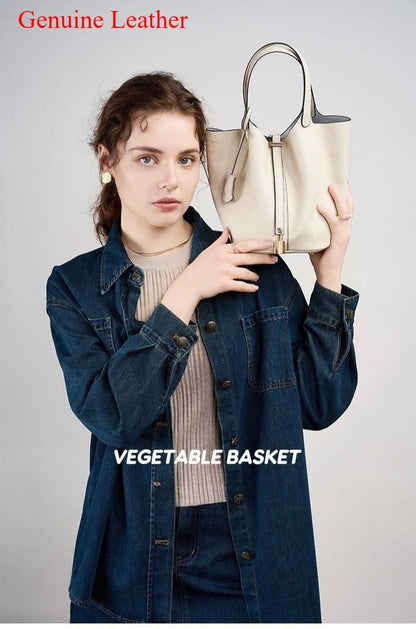 Genuine Leather Shoulder Bucket Bag Women Litchi Pattern Mini Basket Tote Soft Handbag Mommy Bride Wedding Bags with Lock