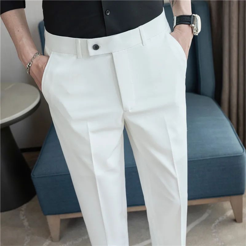 2025 Summer Thin White Elastic Nine Cent Suit Pants for Men,gray Blue Four-side Elastic Comfortable Drape Men's Casual Trousers