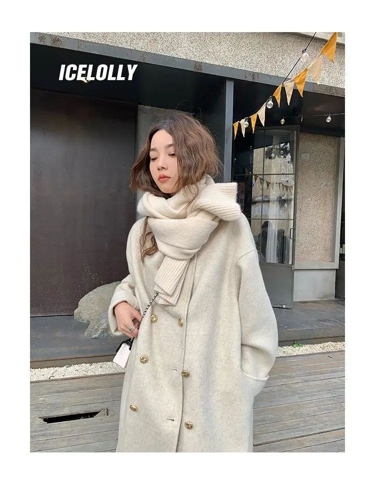 Light Grey Woolen Coat Women's Long Loose Korean Style Fashionable Autumn Winter New Arrival Polyester Fiber Full Sleeve