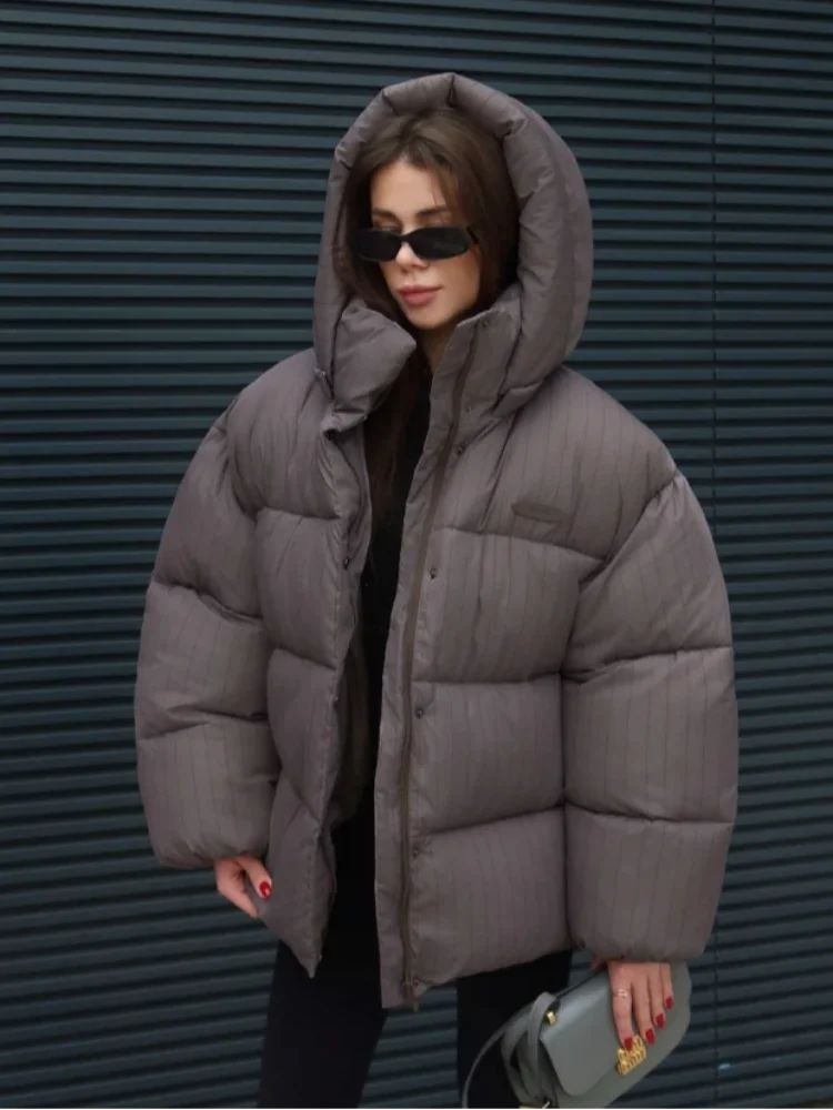 Women's Pinstripe Oversized Puffer Jacket Full Sleeve Detachable Hood Zipper Warm Coat 2025 Autumn Winter Female Casual Wear
