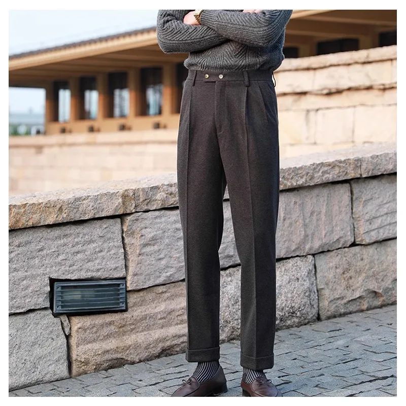 Men's Neapolitan High Waist Autumn Winter Woolen Trousers Straight Leg Drapey No Iron Business Pants Casual Scene