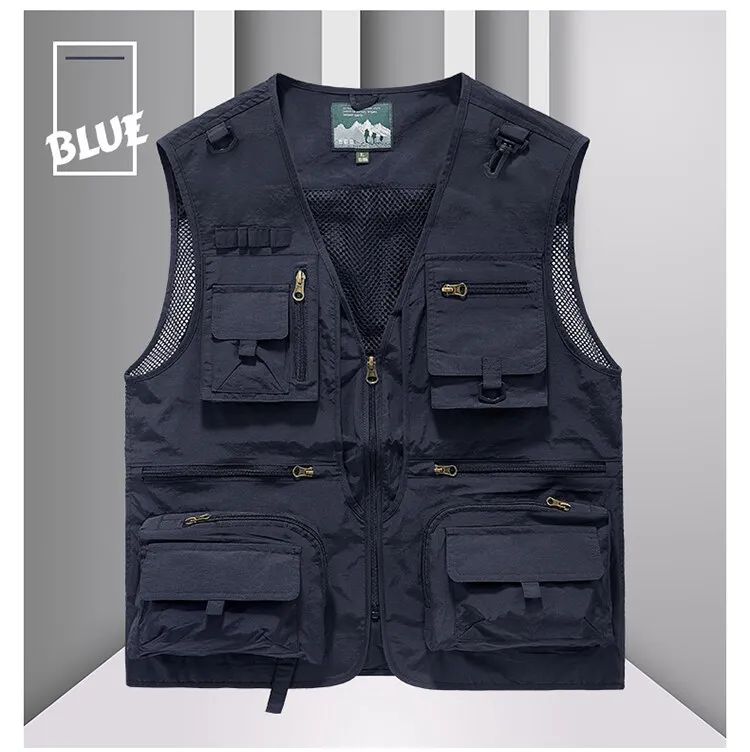 Colete Masculino de Malha com Vários Bolsos Secagem Rápida Sem Mangas Jaqueta Repórter Solto Casual Fino para Pesca Colete Masculino