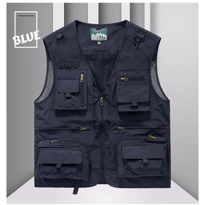 Colete Masculino de Malha com Vários Bolsos Secagem Rápida Sem Mangas Jaqueta Repórter Solto Casual Fino para Pesca Colete Masculino