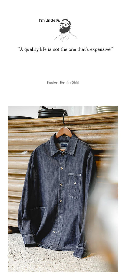 Maden Vintage Washed Pockets Denim Shirt for Men Casual Button Down Long Sleeve Shirt Male Loose Workwear Tops Large Pocket
