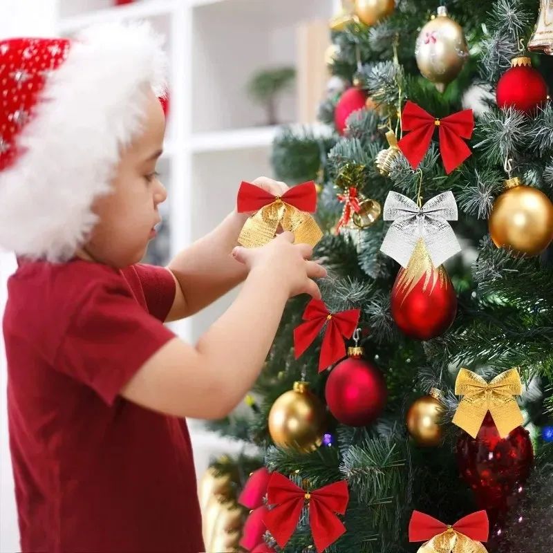 240/12PCS Mini Christmas Bow Ornaments Red Gold Xmas Tree Hanging Pendant DIY Craft New Year Home Party Decoration Bowknot Gifts