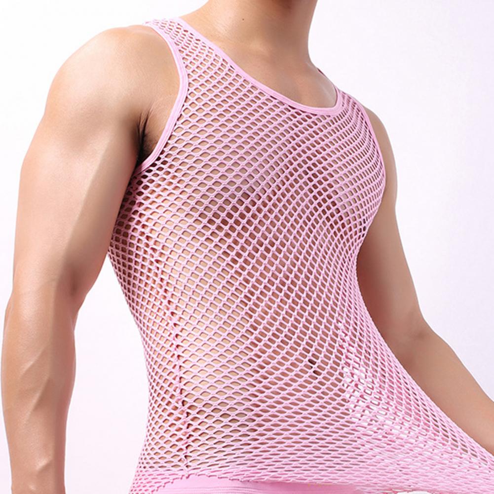 Fishnet Men Sexy Mesh Tank Tops Transparent Sleep Tops Male Underwear Pure Color Vest Sleeveless Tops Underwear Male Undershirt