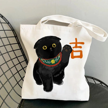 Kawaii Cats Manga Cartoon Reusable Tote Bag Women's High Capacity Versatile Canvas Shoulder Bag, Beach Shopper Handbag