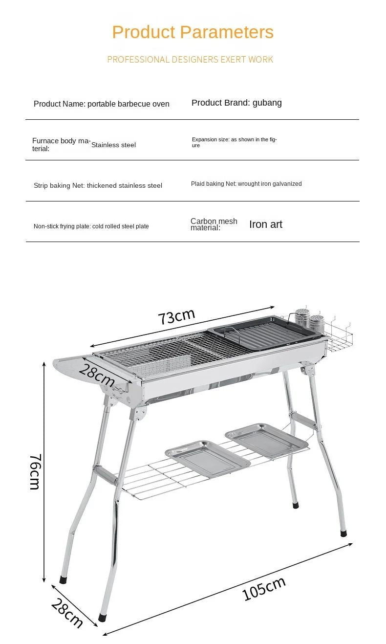Outdoor Stainless Steel Charcoal Grill Large Size Barbecue Tool Portable Free Installation Handle Folding BBQ Cooking