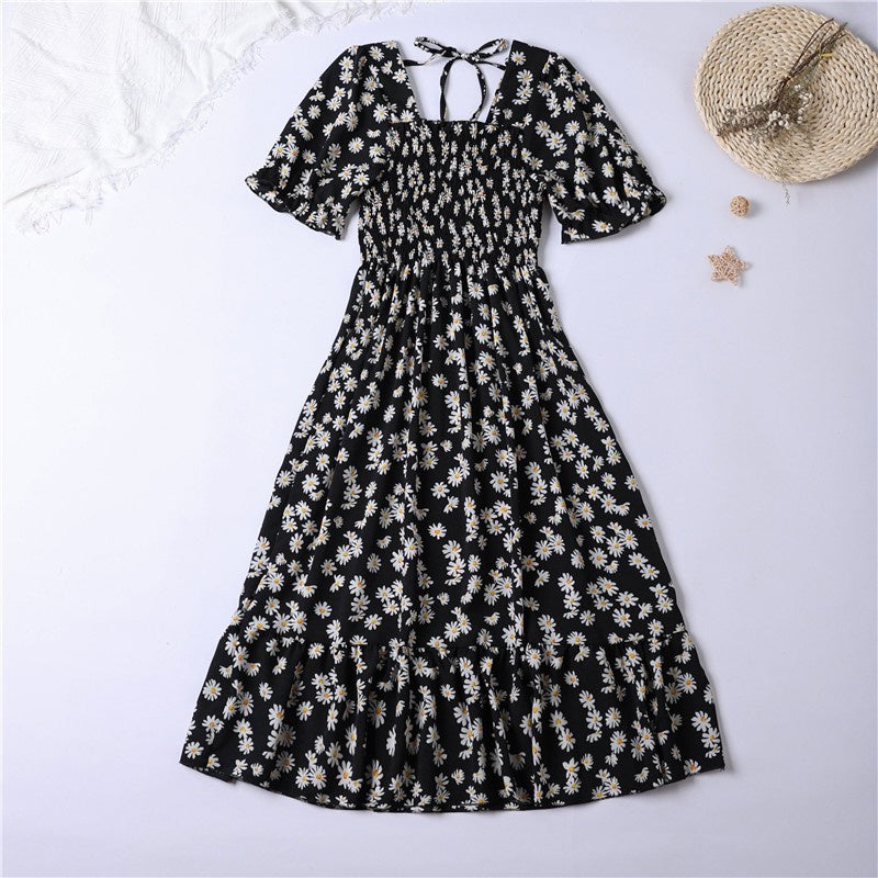 Summer Pleated Women Chiffon Dresses Casual Beach Holiday Short Sleeve Square Co