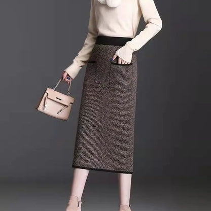 New Style Gold Mink Cashmere Elastic High Waist Office Lady Knee-length Skirts Solid Split Fork Hip Wrap Skirt High Elasticity