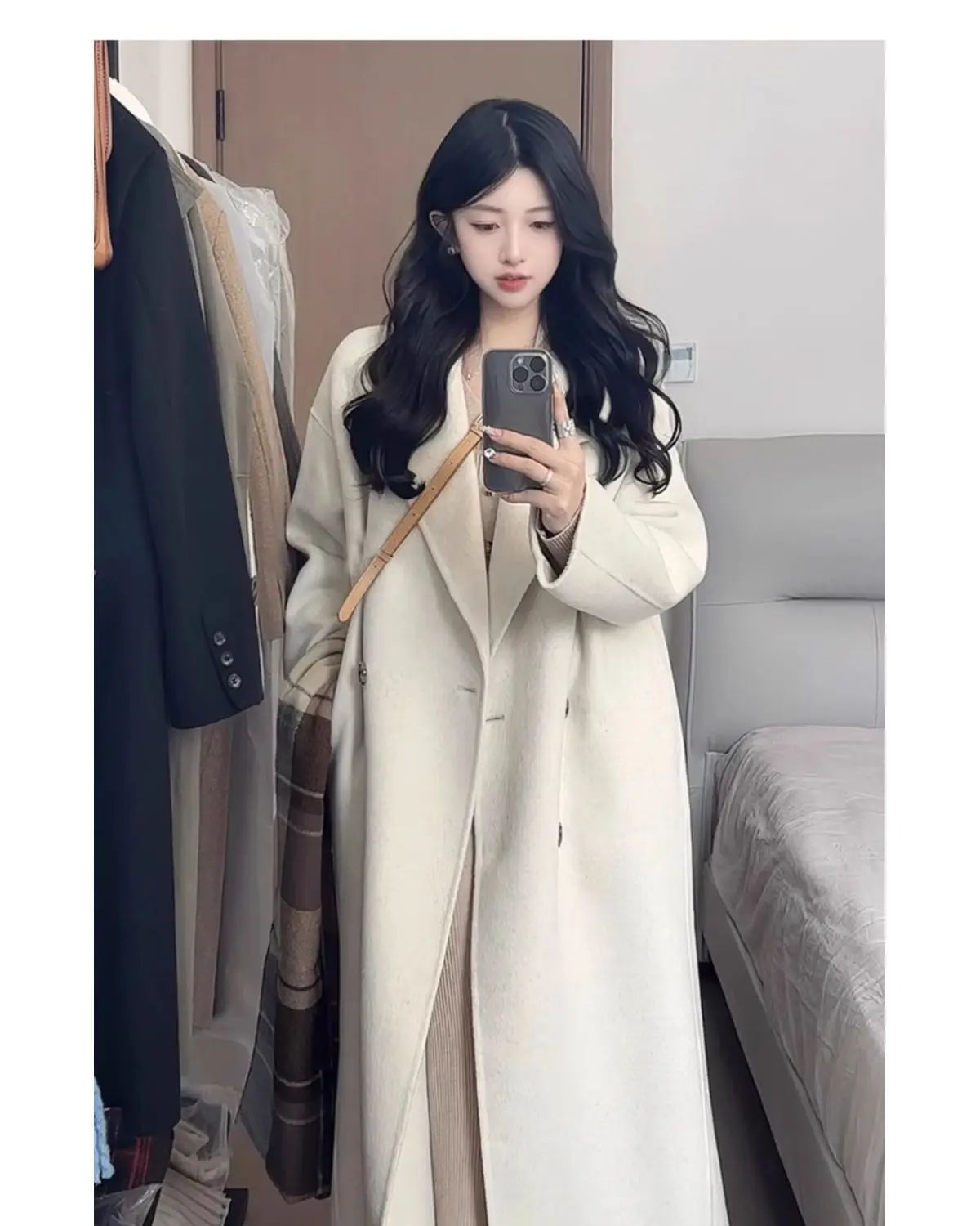 Oatmeal Color Woolen Coat Women's Loose Mid-Length Korean Style Autumn Winter New Arrival Fashion Outerwear Pure Color Full Slee