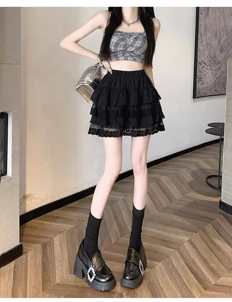 JOEVILU White Tutu Skirt A-line Elastic High Waist Mini Skirts Short Lace Cake Skirt Thin Summer Korean Fashion Goth Y2k Clothes