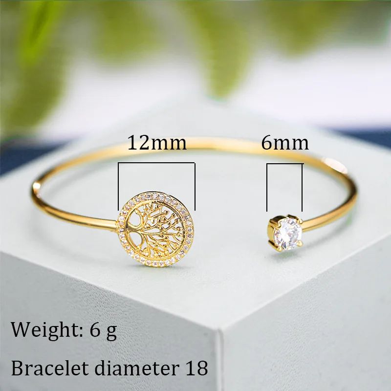 Pulseira Elegante Árvore da Vida com Zircônia, Estilo Europeu e Americano, Simples e Delicada, para Mulheres, Aberta, Joia para Festas