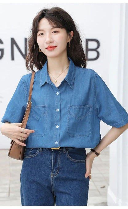 Vintageblueshort Sleeves Thin Denim Shirt 2024 Summer New Casual Loose-Fit Hong Kong Style Petite Top For Women