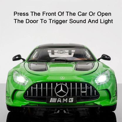 Miniatura de Carro Benz AMG GT-R Escala 1:18, Modelo de Brinquedo em Liga Fundida, Supercarros com Portas que Abrem, Luz e Som, Veículo com Fricção para Meninos, Presentes de Aniversário