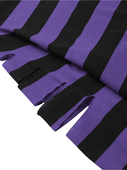 Women's Distressed Crop Tops Gothic Long Sleeve Round Neck Striped Print Loose T-Shirts Halloween Costume