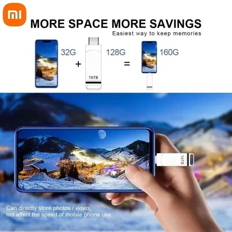 Xiaomi 16TB USB 3.2 Flash Drive 520MB/s High Speed 2 in 1 Type C OTG Pen Drive Waterproof Large Storage for Phone Computer PC
