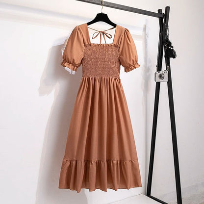 Spring Summer Elastic Waist Chiffon Dress Women Casual Dresses Fashion Female  Vestidos Short Sleeve Pleated A-line Dresses