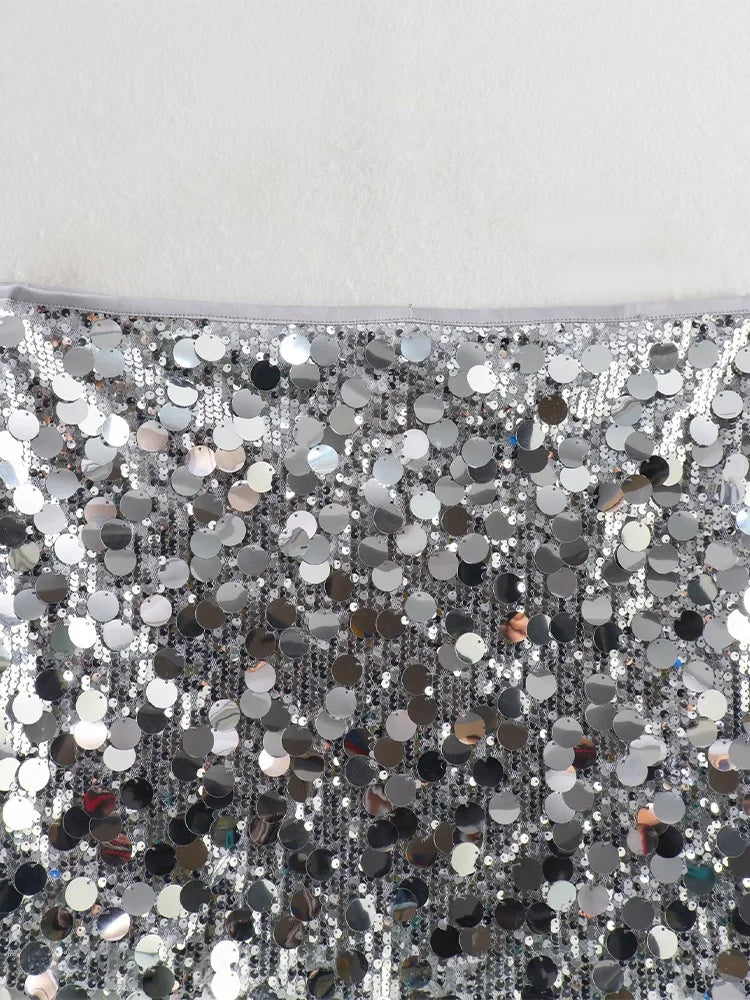 Willshela Women Fashion With Sequined Solid Side Zipper Mini Skirt Vintage High Waist Female Chic Lady Skirts