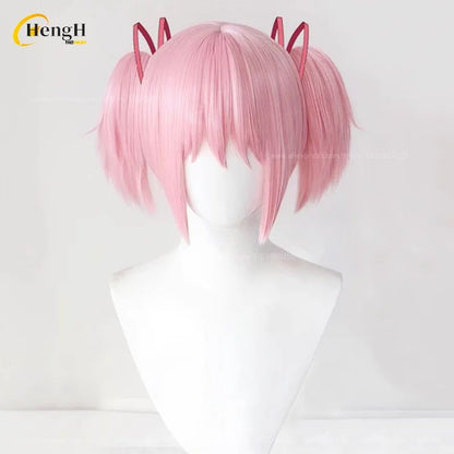 In Stock Synthetic Anime Kaname Madoka Cosplay Wig Short 30cm Pink Double Ponytail Wig Heat Resistant Hair Halloween Party Wigs