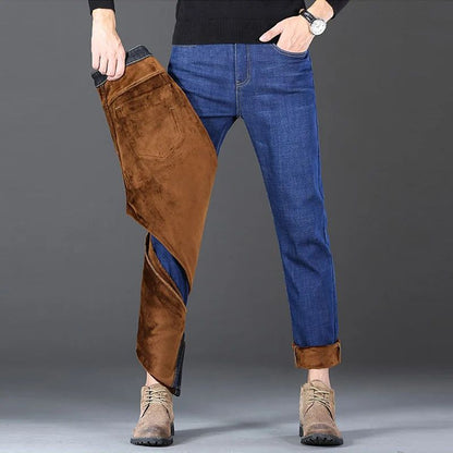 Men New Winter Warm Jeans Male Fleece Lined Thickened Denim Pants Loose Straight Cold Protection Casual Breathable Trousers