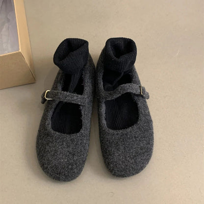 Fashion Square Toe Fleece Flet Ballet Flats Woman Winter Warm Wool Mary Jane Shoes Ladies Brand Design Elegant Plush Loafers
