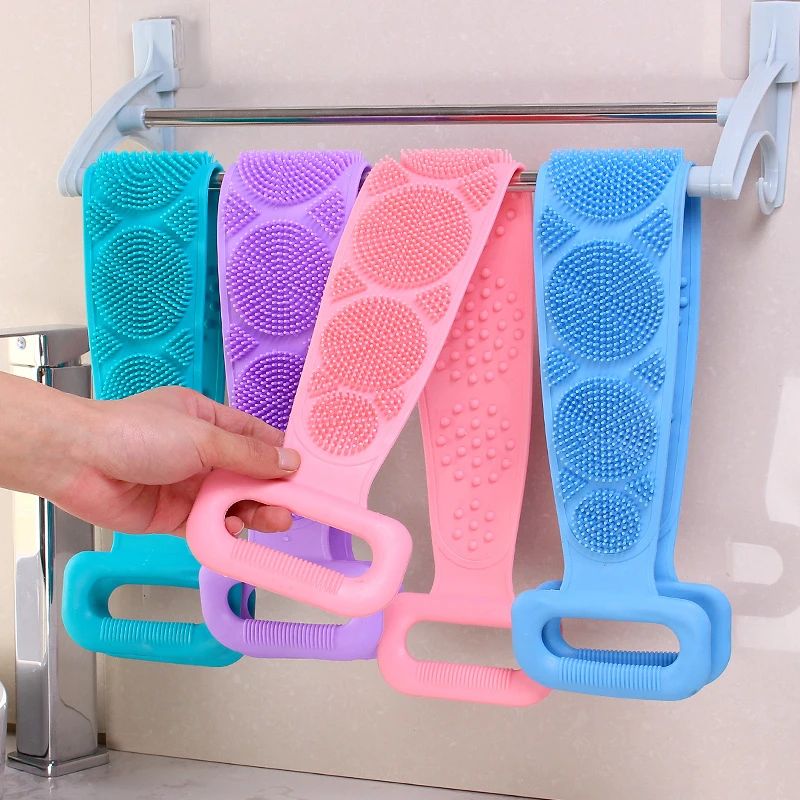 Esponjas corporais de silicone, escovas, toalhas de banho, esfoliantes, esfoliantes para as costas, massagem, cinto de banho, escovas estendidas para limpeza da pele
