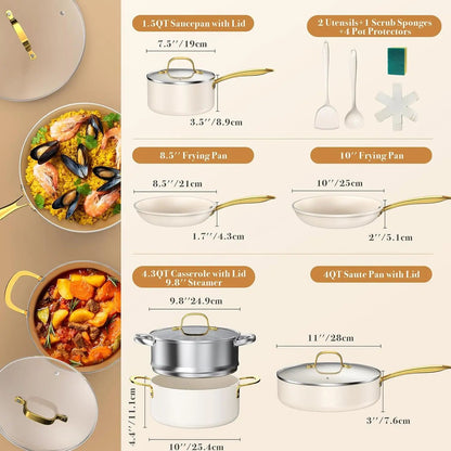 Ceramic Cookware Set 15-Pieces, Pots and Pans Set Non Stick, Oven Safe Non Toxic, Kitchen Cookware Set, PFOA PTFE FREE, Gold Wh