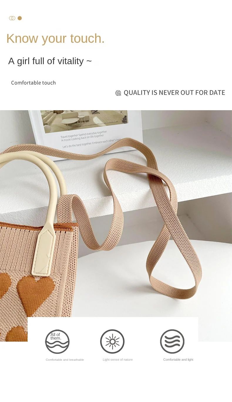 Korean Fashion Heart Knitted Mini Square Handbag for Women Small Mobile Phone Shoulder Bags Girls Cute Outdoor Crossbody Bags