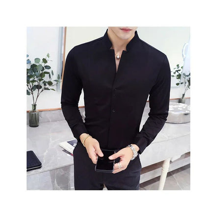 Black Men Long Sleeve Shirt, White Single Breasted Collar Stretch Shirts, Red Fashion Slim Top,Asian Size M-5XL(Korean Slim Fit)