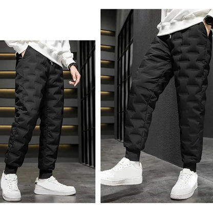 Men Autumn Winter White Duck Down Padded Thermal Sweatpants Elastic Waist Drawstring Pockets Thickened Joggers Pants Streetwear