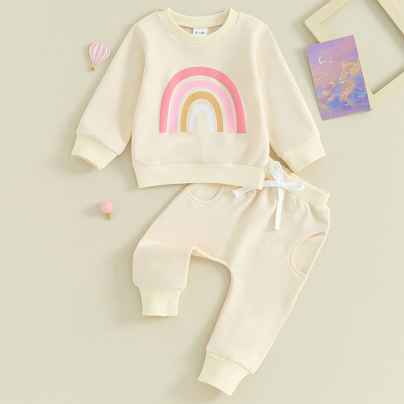 Pudcoco Infant 2PCS Baby Girls Fall Outfits Long Sleeve Rainbow Print Sweatshirt + Pants Set Toddler Clothes 3M-3T