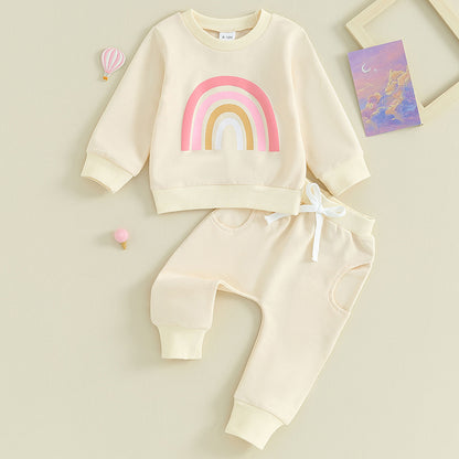 Pudcoco Infant 2PCS Baby Girls Fall Outfits Long Sleeve Rainbow Print Sweatshirt + Pants Set Toddler Clothes 3M-3T
