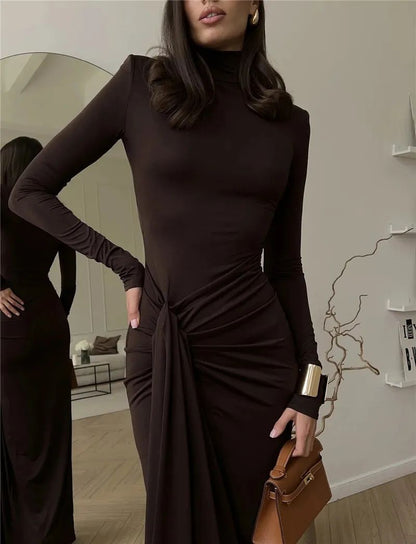 Mozision Turtleneck Thigh High Split Sexy Maxi Dress For Women Fashion Long Sleeve Draped Bandage Bodycon Club Long Dress