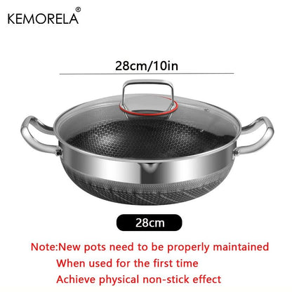 Frigideira de Aço Inoxidável 304 26/28/30cm, Antiaderente Grau Alimentício, Fundo de Panela Colmeia, Panela Geral para Fogão a Gás e de Indução