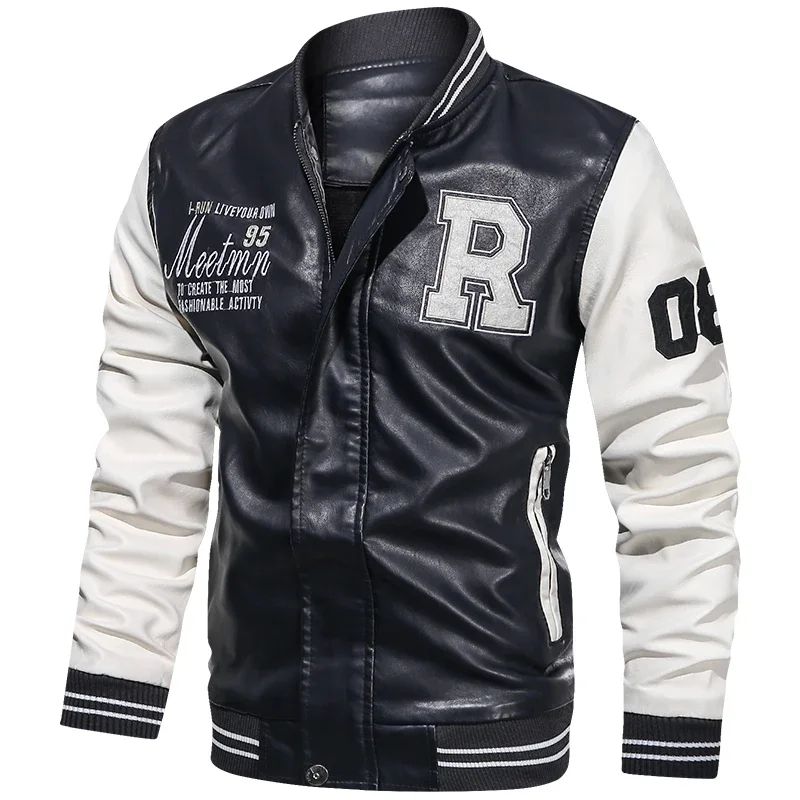 Men's American Baseball Collar Pilot Casual PU Spring and Autumn Leather Jacket Motorcycle Suit Leather Jacket Color Blocking