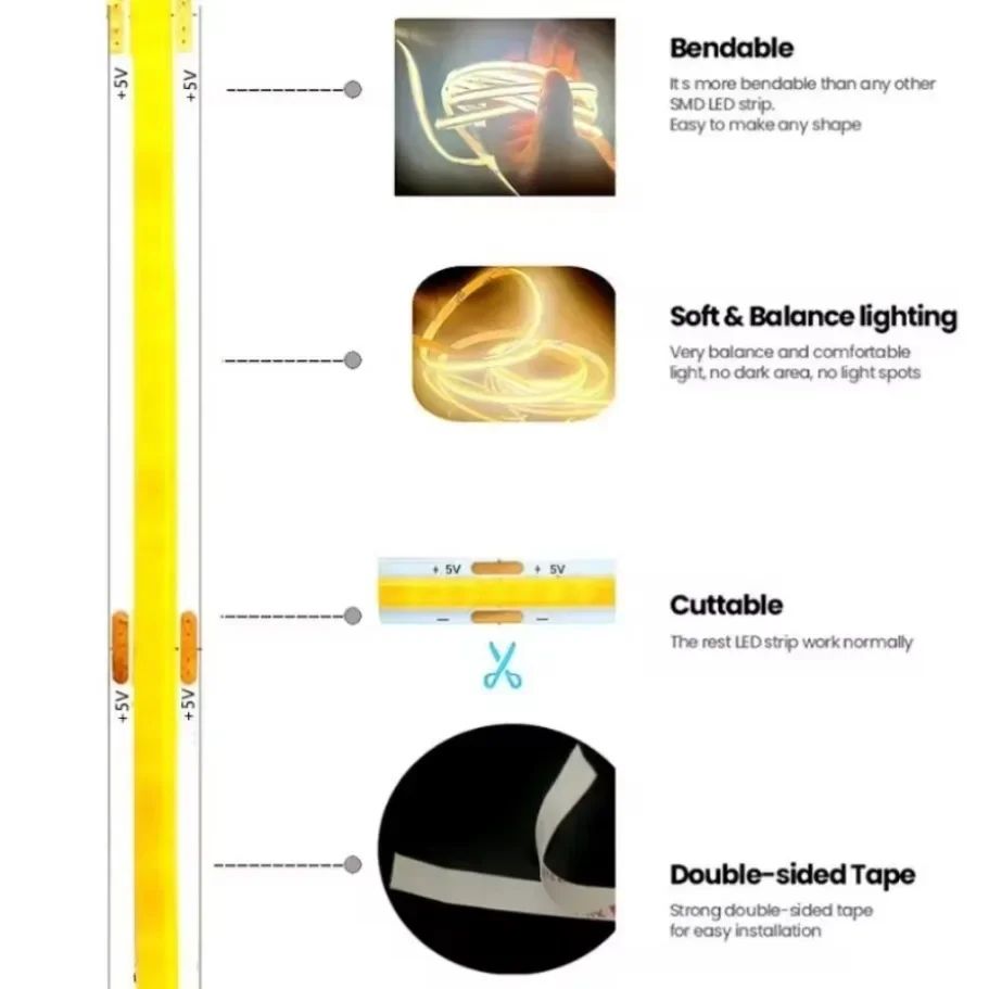 DC5V COB LED Light Strip With USB Power Supply Light 320LED/m High-Density Flexible LED Lamp 3000K/4500K/6500K COB Light Strip