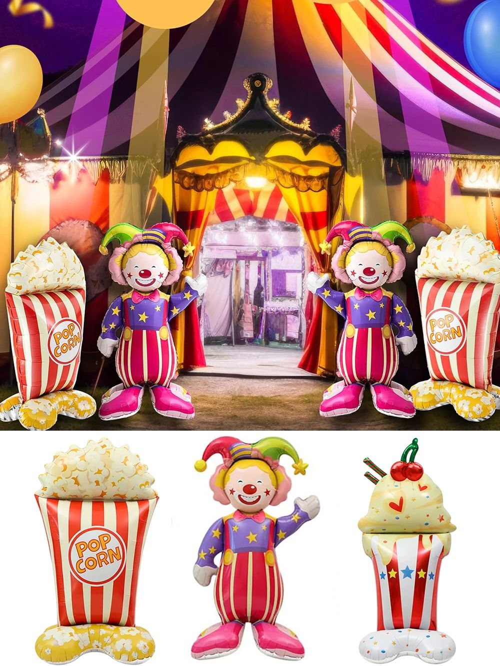 Giant Standing Popcorn Balloon Smiling Clown Foil Balloon for Circus Carnival Theme Party Birthday Christmas Decoration Supplies