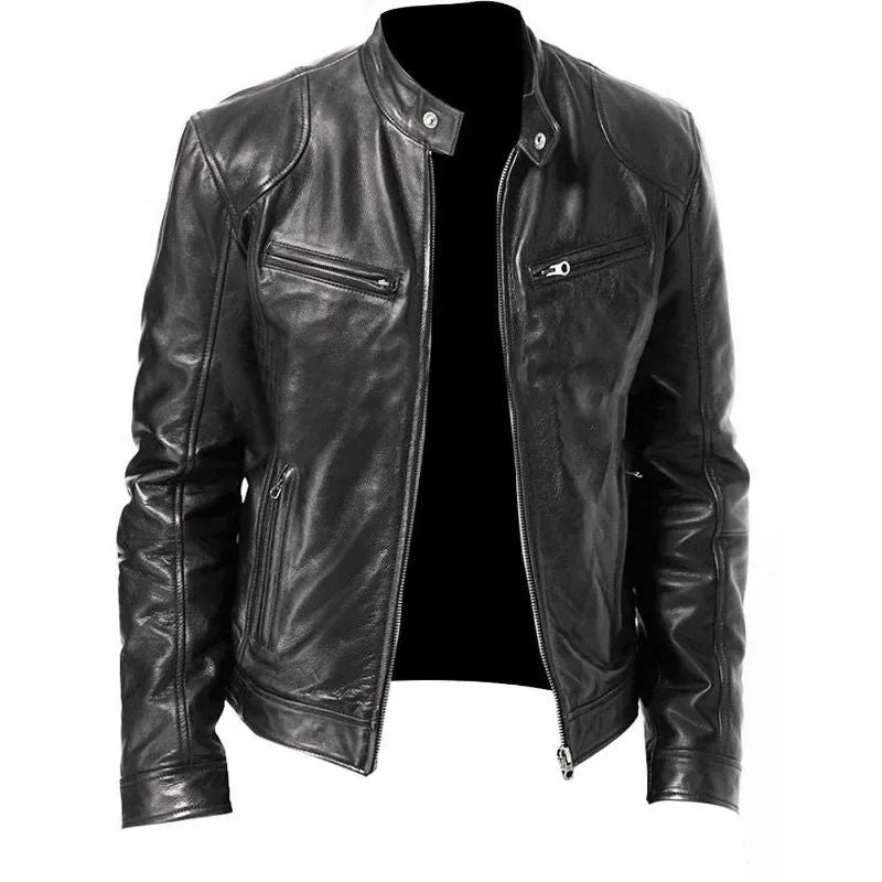 2024 Fashion Mens Leather Jacket Slim Fit Stand Collar PU Jacket Male Anti-wind Motorcycle Lapel Diagonal Zipper Jackets Spring