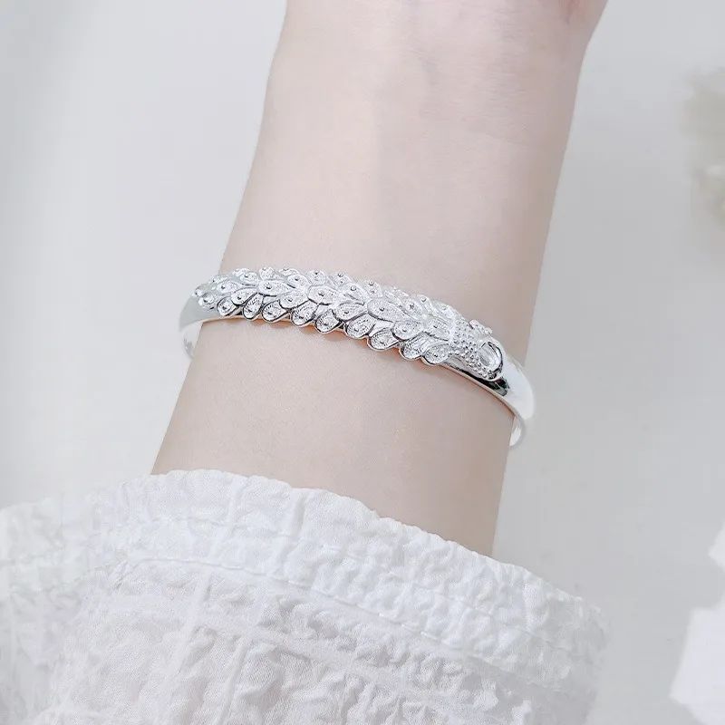 Pulseira Feminina Pavão Vazado de Prata Esterlina 925 Textura de Luxo Aberta Presente de Joias Originais para Festa