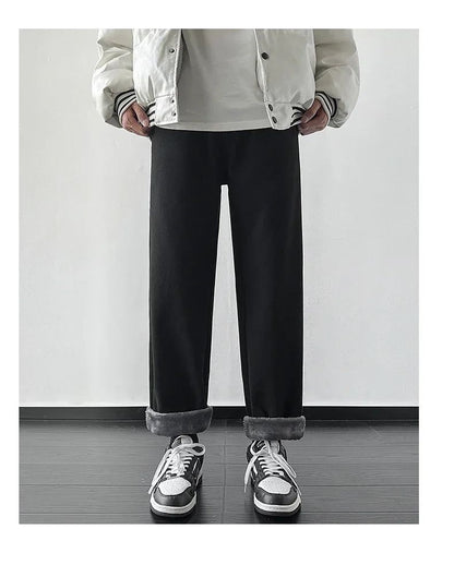 4 Colors Winter Fleece Men's Jeans Baggy Straight Elastic Waist Denim Pants Fashion Korean Thickened Warm Male Thermal Trousers